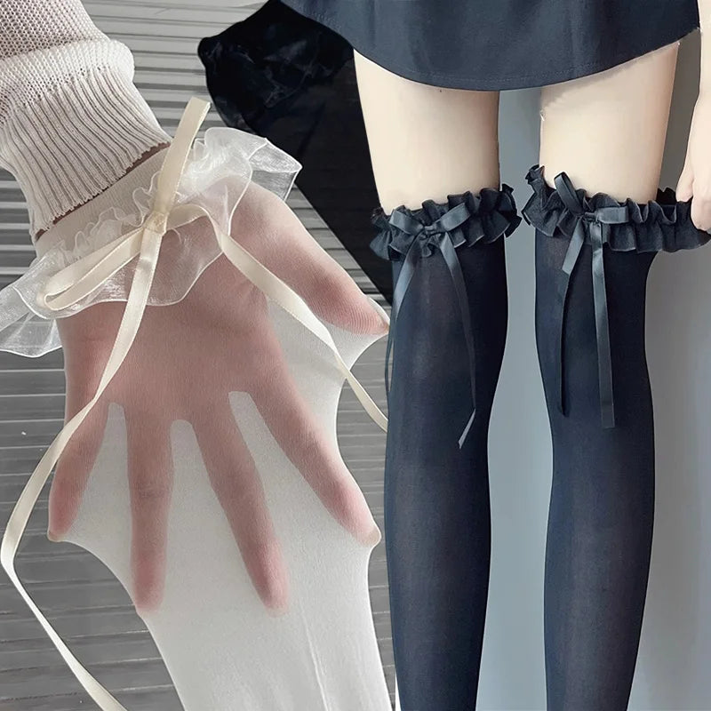 1/2/3pairs Japanese Lolita Jk Knee High Long Sock Black White Bow Ribbon Stockings Sexy Lace Thigh High Socks Sweet Cute Hosiery