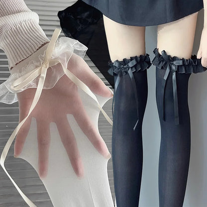 1/2/3pairs Japanese Lolita Jk Knee High Long Sock Black White Bow Ribbon Stockings Sexy Lace Thigh High Socks Sweet Cute Hosiery
