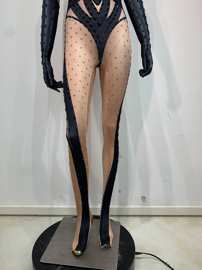 STOCK Sparkling Rhinestone Stretch Jumpsuit Women Sexy Club Evening Party Wear Drag Queen Singer Dancer Stage Perform Costume