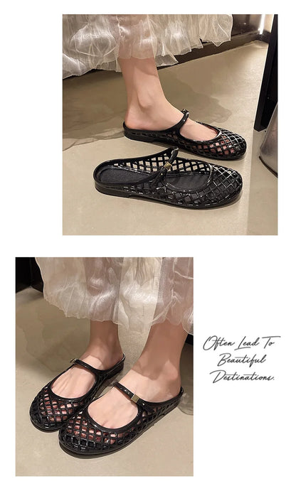 Women's Light Luxury Crystal Jelly Mary Jane Flat Sandals Hollow-out Breathable Closed Toe Summer Casual Non-slip Slip-on Shoes