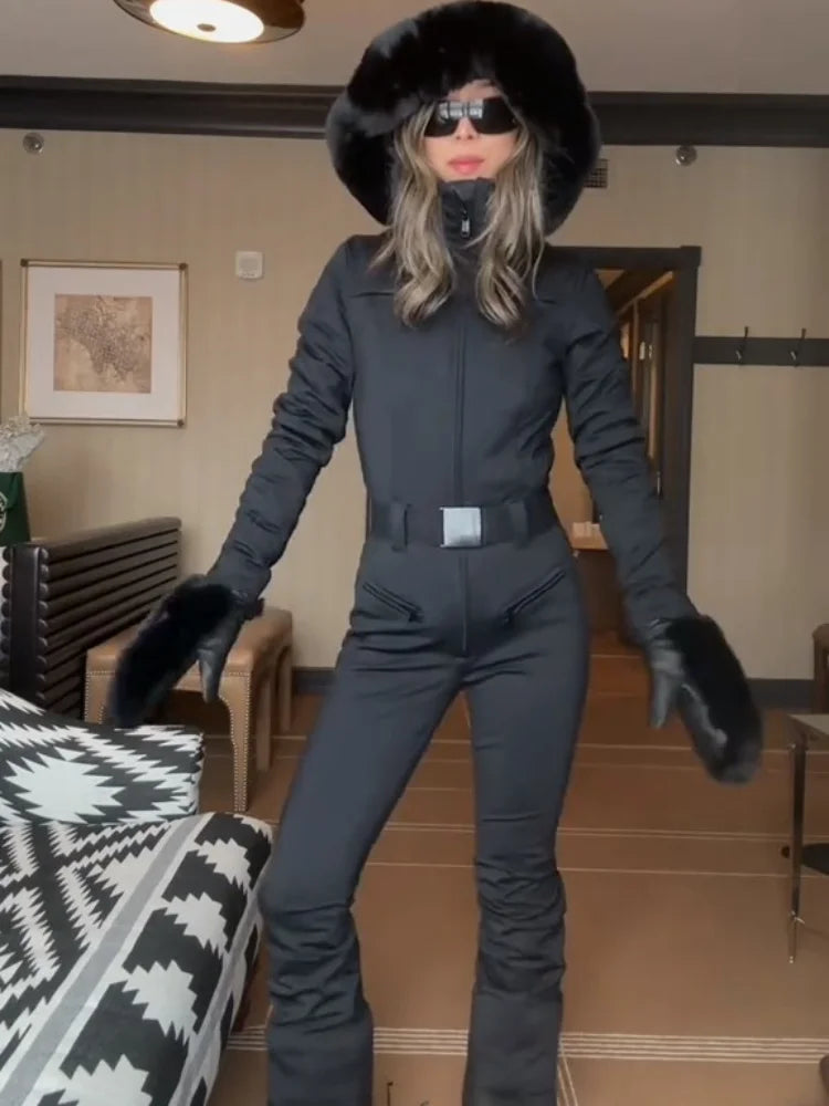 Casual Fur-Trimmed Hooded Ski Suit Women Fashion Belted Slim Full Sleeve Warm Jumpsuits Female 2026 Winter Snow Bodysuit Lady