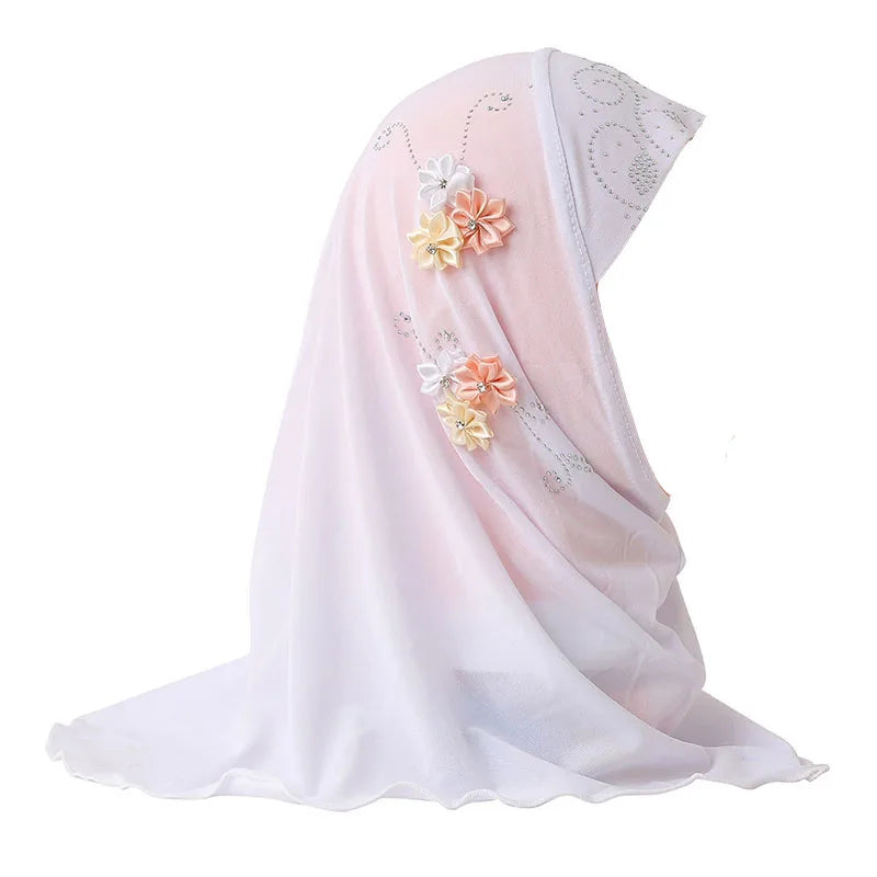 Kids Hijab for Girls Muslim Instant Hijabs Ready To Wear Islamic Shawls Turban with Flowers Scarfs Jersey Head Wrap (2-7 Y)