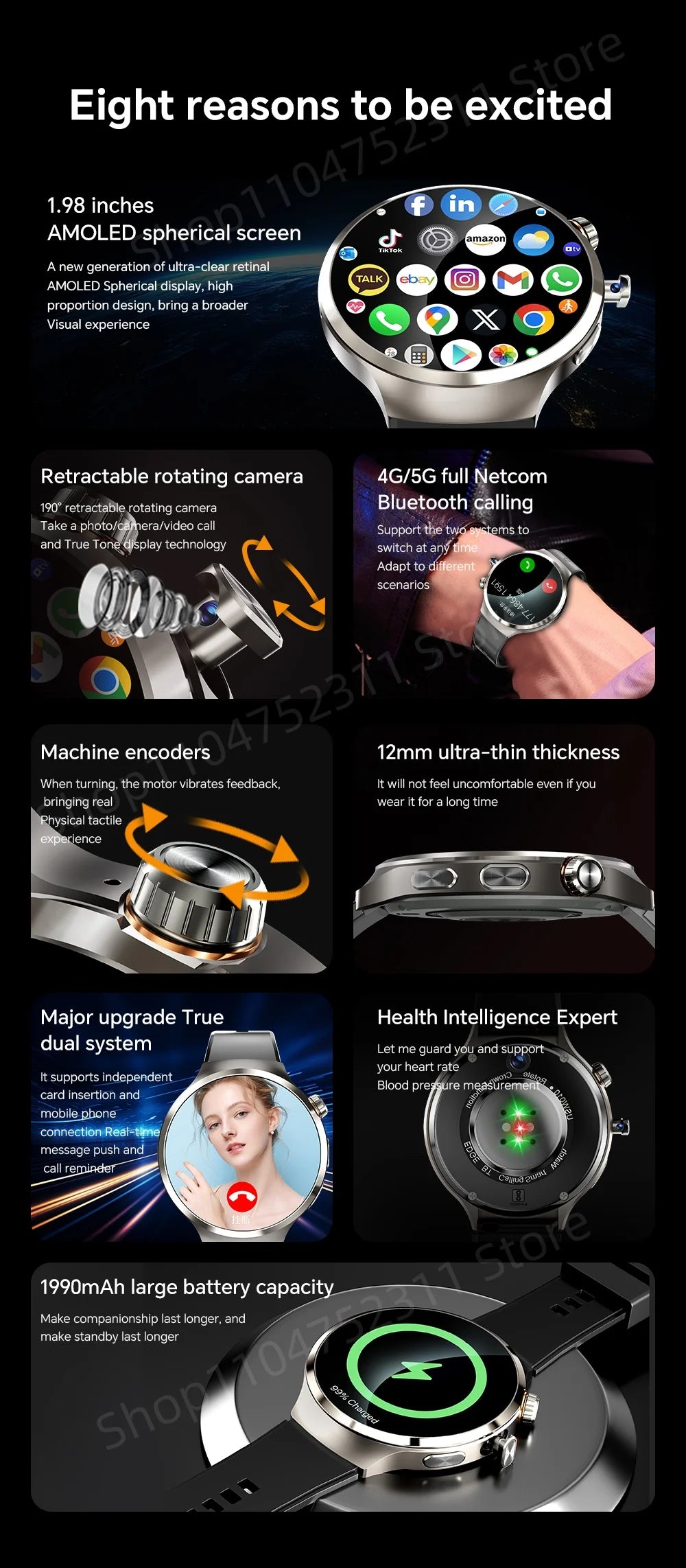 4G 5G Cellular Version Android 13.0 Smartwatch GPS Wifi Smart Watch With 190° Rotary Camera Dual System WIFI Google Play Store