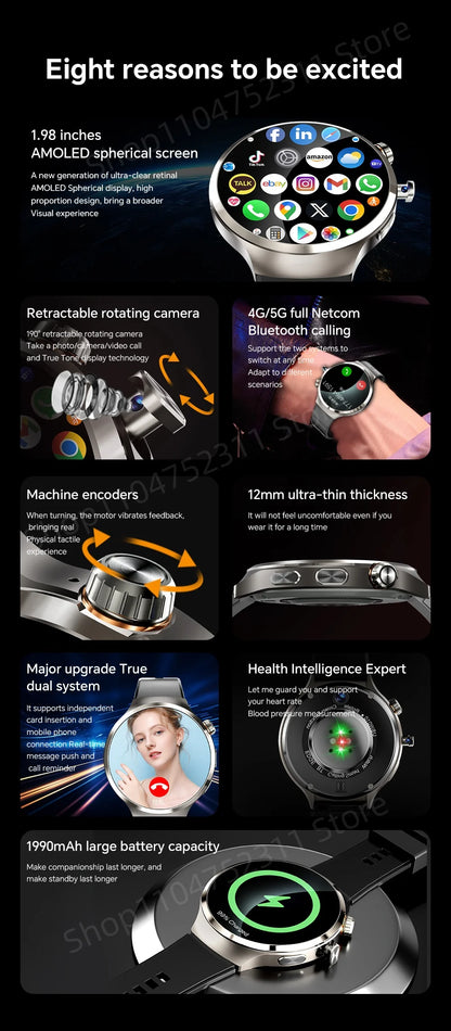 4G 5G Cellular Version Android 13.0 Smartwatch GPS Wifi Smart Watch With 190° Rotary Camera Dual System WIFI Google Play Store