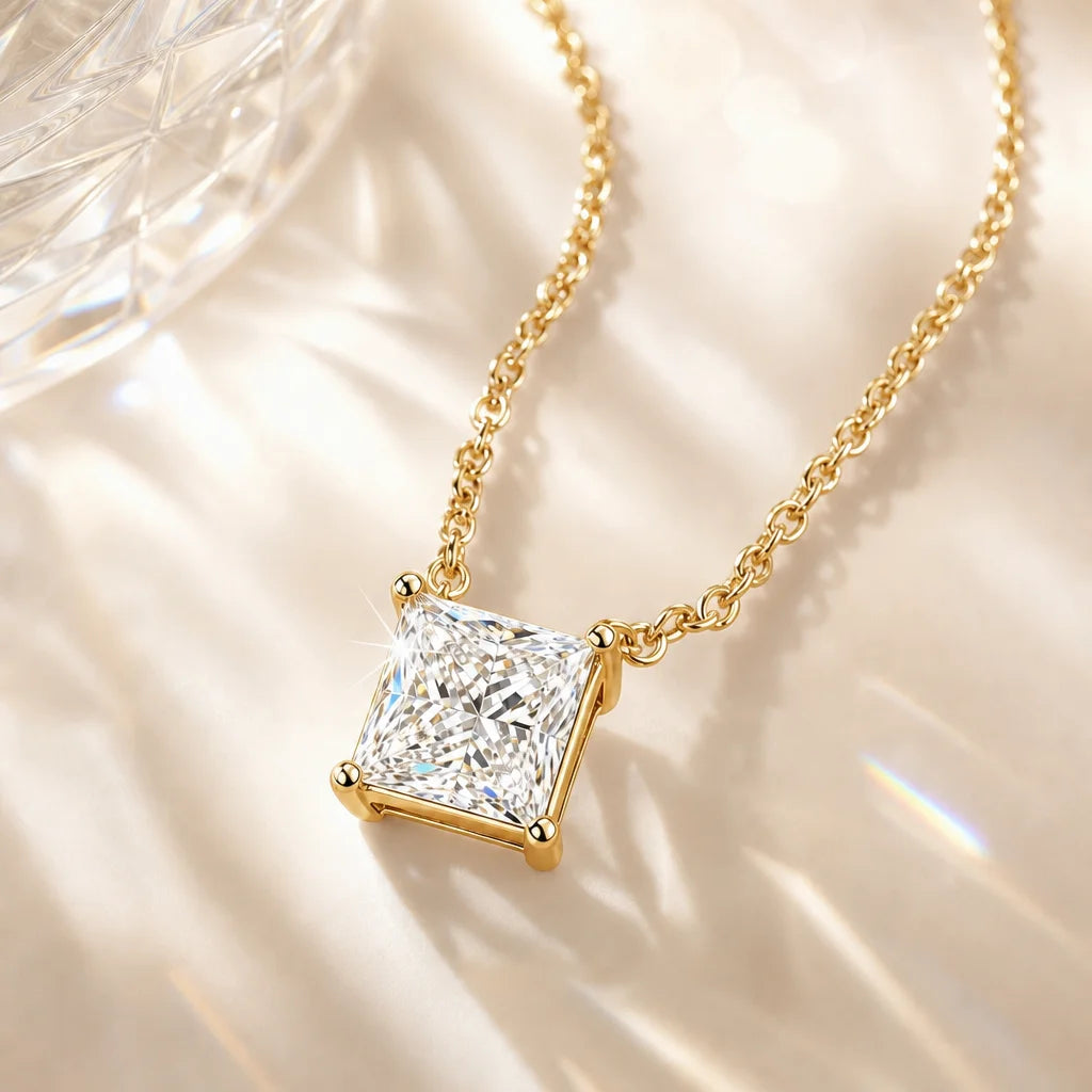 Princess Shape Pendant 18K Gold Plated Luxury S925 Silver Necklace Sparkling D VVS Moissanite Necklavce for Women As Gifts Party