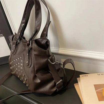 Rivet Punk Large Capacity Handbags Top Quality Sturdy Soft Leather Casual Tote Bag Shoulder Crossbody Bags Daily Commute Travel