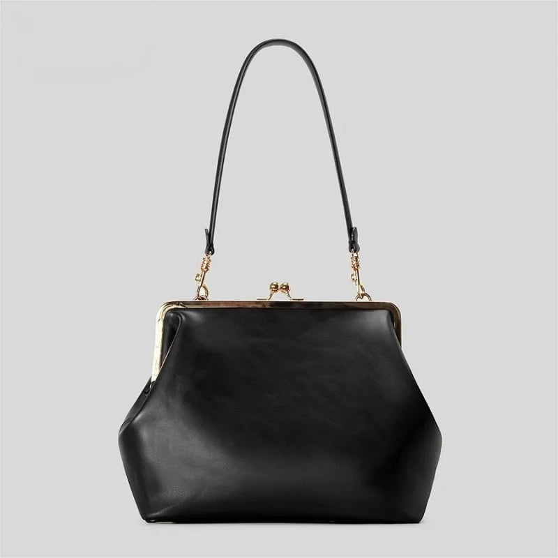 2026 Retro Leather & Straw Woven Bag – Kiss Lock Frame Shell Clutch, Large Capacity Shoulder Tote for Commute Beach Evening