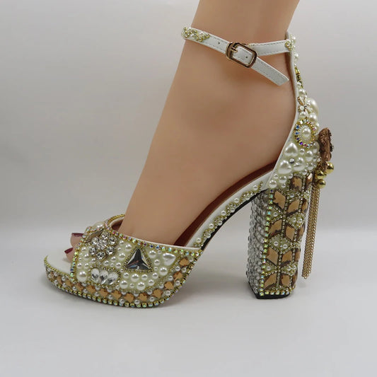 Luxury cyrstal wedding shoes with matching bags woman fashion Thick heel Women party dress shoes Fish beak Women shoes