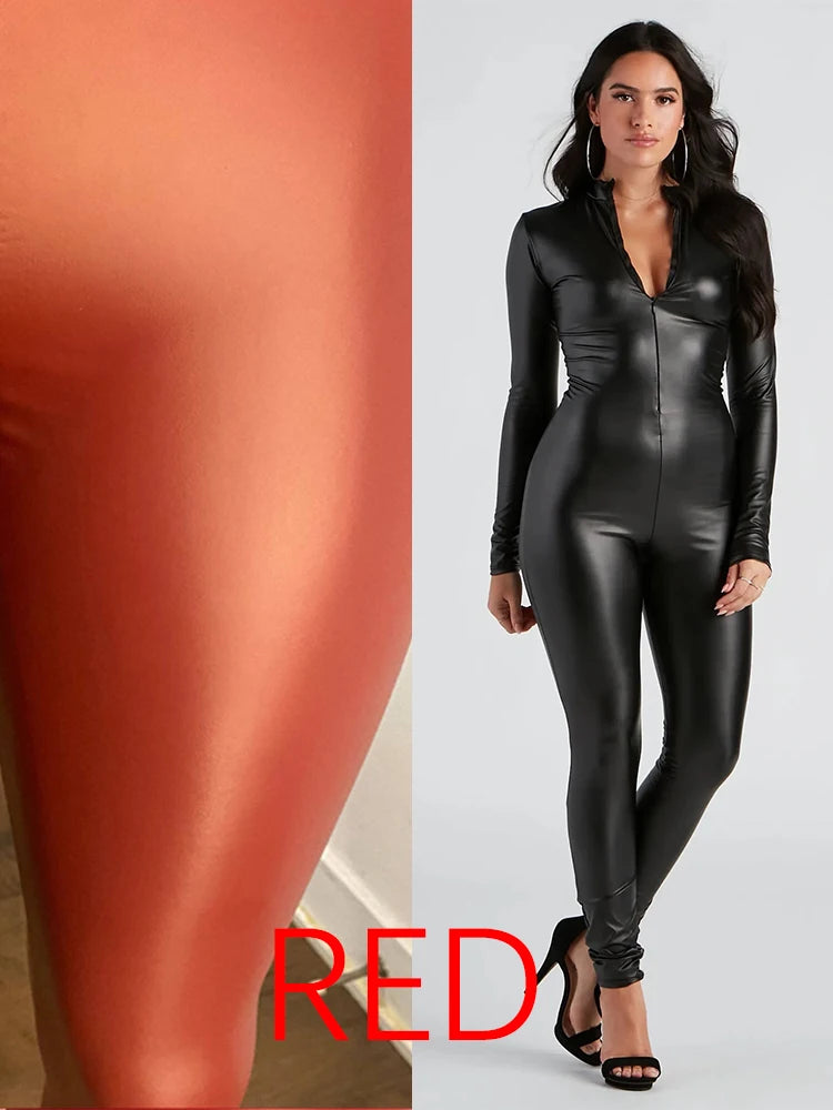 Women Long Sleeve Stretch Matte Faux Leather Jumpsuits Ladies Bodycon Slim PU Rompers Midi Neck Jumpsuits Support Custom