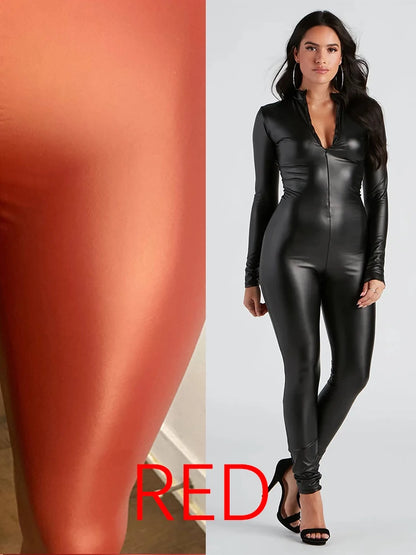 Women Long Sleeve Stretch Matte Faux Leather Jumpsuits Ladies Bodycon Slim PU Rompers Midi Neck Jumpsuits Support Custom