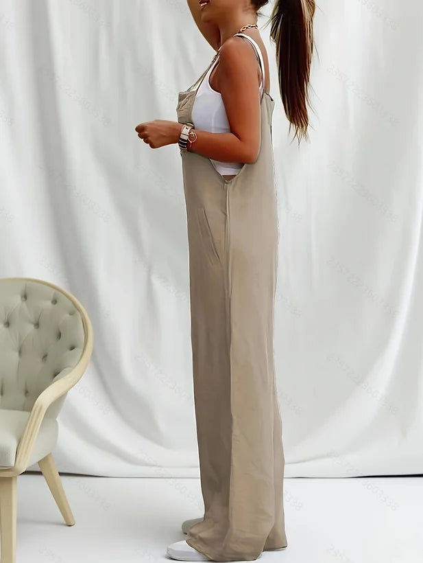 Summer Casual Suspender Jumpsuit for Women, Loose Thin Drapey Wide-Leg Pants, Simple Versatile Sleeveless Overalls, Vacation Style Women's Clothing