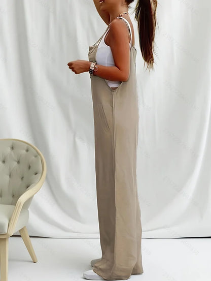 Summer Casual Suspender Jumpsuit for Women, Loose Thin Drapey Wide-Leg Pants, Simple Versatile Sleeveless Overalls, Vacation Style Women's Clothing