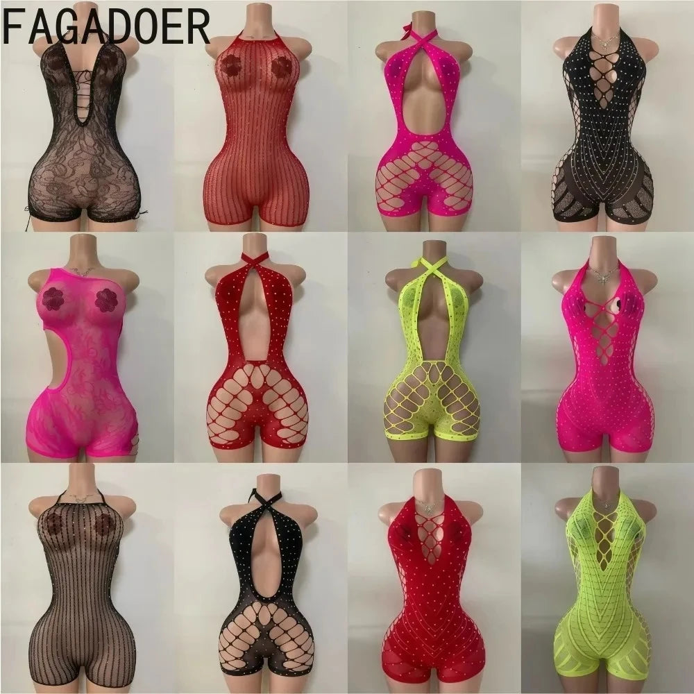 FAGADOER Sexy Hollow-out Rhinestone Patchwork Bodycon Rompers Woman Halter Sleeveless Backless Jumpsuits Female Party Clubwear