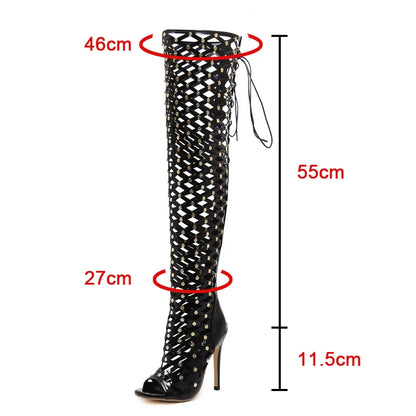 Sexy Rivet Hollow Super High Heels Shoes Women's Steel Pole Dance Over the Knee Boots Women Summer Mesh Peep Toe Sandals