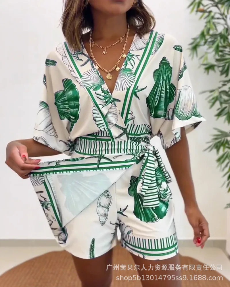 Rompers Women V Neck Half Sleeve One Piece Short Pant Tight Waist Lace Up Y2k Streetwear Jumpsuit Work Beach Casual Floral Print