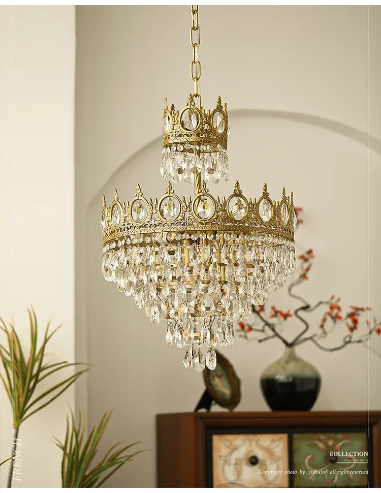 Modern Luxury Chandelier LED Crystal Vintage French Pendant Lamps for Living Dining Table Room Golden Crown Lighting Home Deocr