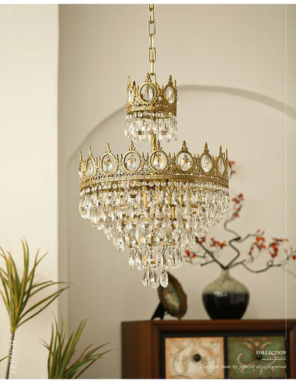 Modern Luxury Chandelier LED Crystal Vintage French Pendant Lamps for Living Dining Table Room Golden Crown Lighting Home Deocr