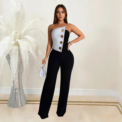 Sexy Backless Strapless Jumpsuit Summer Women Fashion Solid Button Sleeveless Slim Fit Wrap Hip Jumpsuits Elegant Office Romper