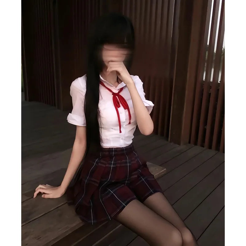 Cosplay School Uniform for Girls Japanese Students JK Uniform Short-sleeved shirt, Red Checked Skirts