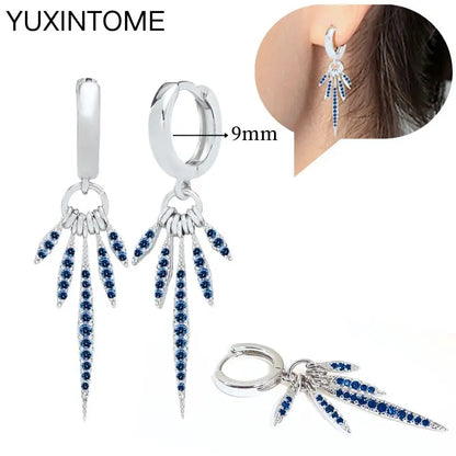 925 Sterling Silver Needle Dark Blue Crystal Silver Earrings Women's Exquisite Heart Blue Pendant Hoop Earrings Luxury Jewelry