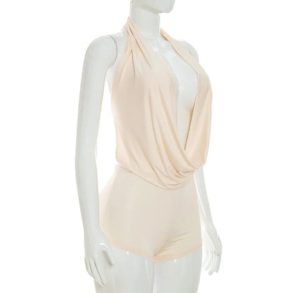 Sexy solid color hanging neck and swinging neck, large backless sleeveless jumpsuit shorts