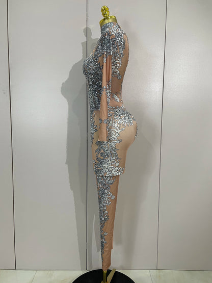 Luxury Sparkly Diamonds Print Long Sleeves Stretch Jumpsuit Evning Party Dancer Nightclub Bar DJ Sexy Stage Performance Costumes