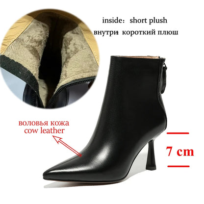 Krazing Pot Big Size 42 Cow Leather Pointed Toe High Heels Chic Design Concise Winter Spring Shoe Dress Warm Wedding Ankle Boots