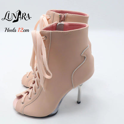 12cm/5Inch Plus size Beige PU Leather Lace-up Side zipper Peep toe High Stilettos Ankle boot Pole dancing Nightclub Rave Parties
