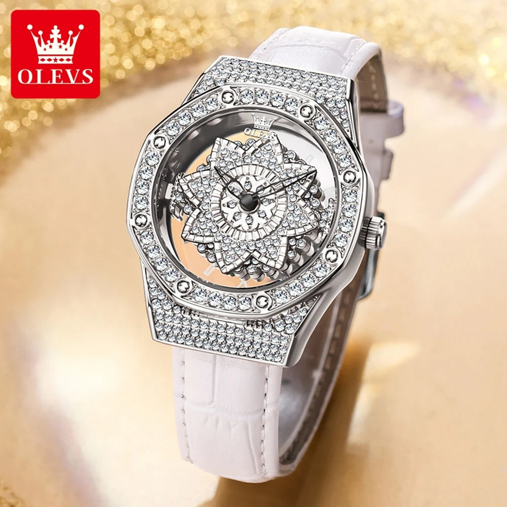 OLEVS Brand Luxury Diamond Quartz Watch for Women Fashion Leather Strap Waterproof Fashion Silver Watches Mens Relogio Feminino