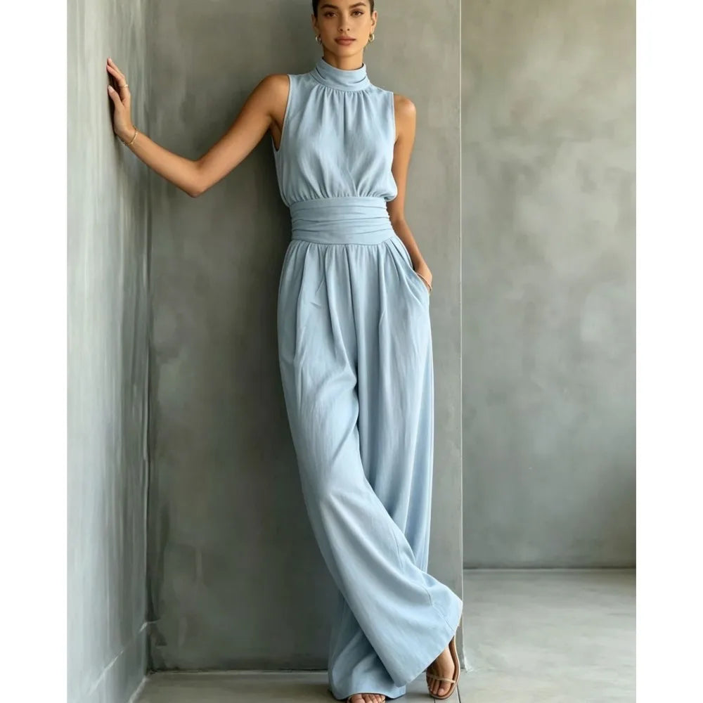 Summer New Fashion Half Turtle Collar Sleeveless Women's Jumpsuit 2026 Elegant Slim Waist Shaping Wide Leg Female Rompers