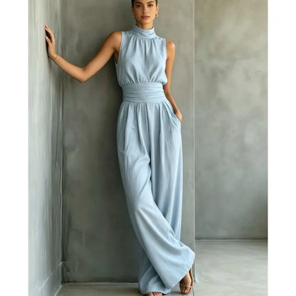 Summer New Fashion Half Turtle Collar Sleeveless Women's Jumpsuit 2026 Elegant Slim Waist Shaping Wide Leg Female Rompers