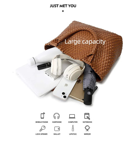 Large-Capacity Designer Knitting Fashion PU Leather Women's Shoulder Bag Handbags for Beach Travel Single-Shoulder Ladies Bag