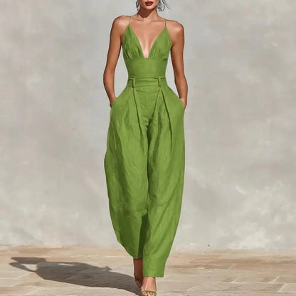 Elegant Sexy V-Neck Spaghetti Strap Jumpsuit Women High Waist Wide Leg Casual Romper Spring Boho Solid Backless Pockets Overalls