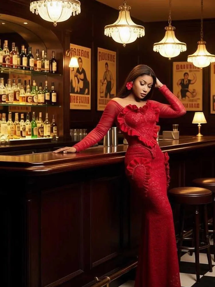 Elegant Women's Red Lace Dress Set Spring Off Shoulder Ruffled Design Long Sleeve Gown Sexy Bodycon Skirt and Top Set Two Pieces