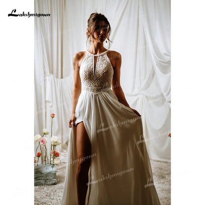 Boho Halter Sleeveless Lace Top Chiffon A Line Wedding Dress For Women Customized Bridal Gown Vestidos De Novia Robe De Mariée