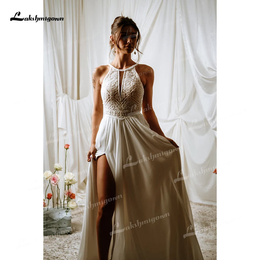 Boho Halter Sleeveless Lace Top Chiffon A Line Wedding Dress For Women Customized Bridal Gown Vestidos De Novia Robe De Mariée