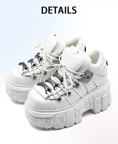 Gothic Ankle Rock Boots Women Shoes White Leather Platform New Punk Style Lace-up Heel Height Shoes Metal Decor Woman Sneakers
