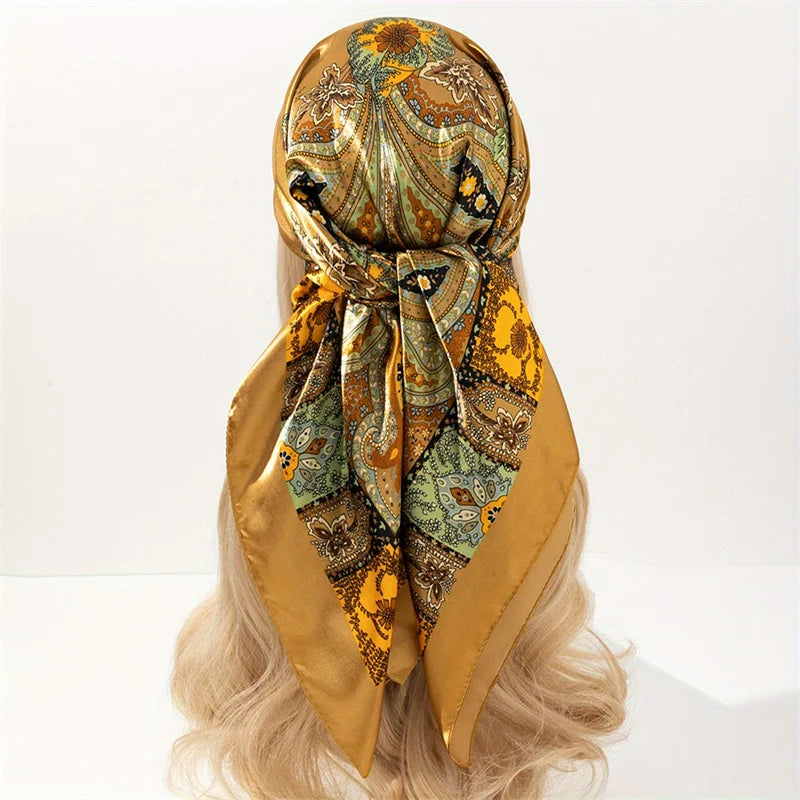 1pc Bohemian Print Faux Silk Satin Scarf Square Hijab New Elegant Floral Women Bandana Shawl Breathable Versatile Scarves