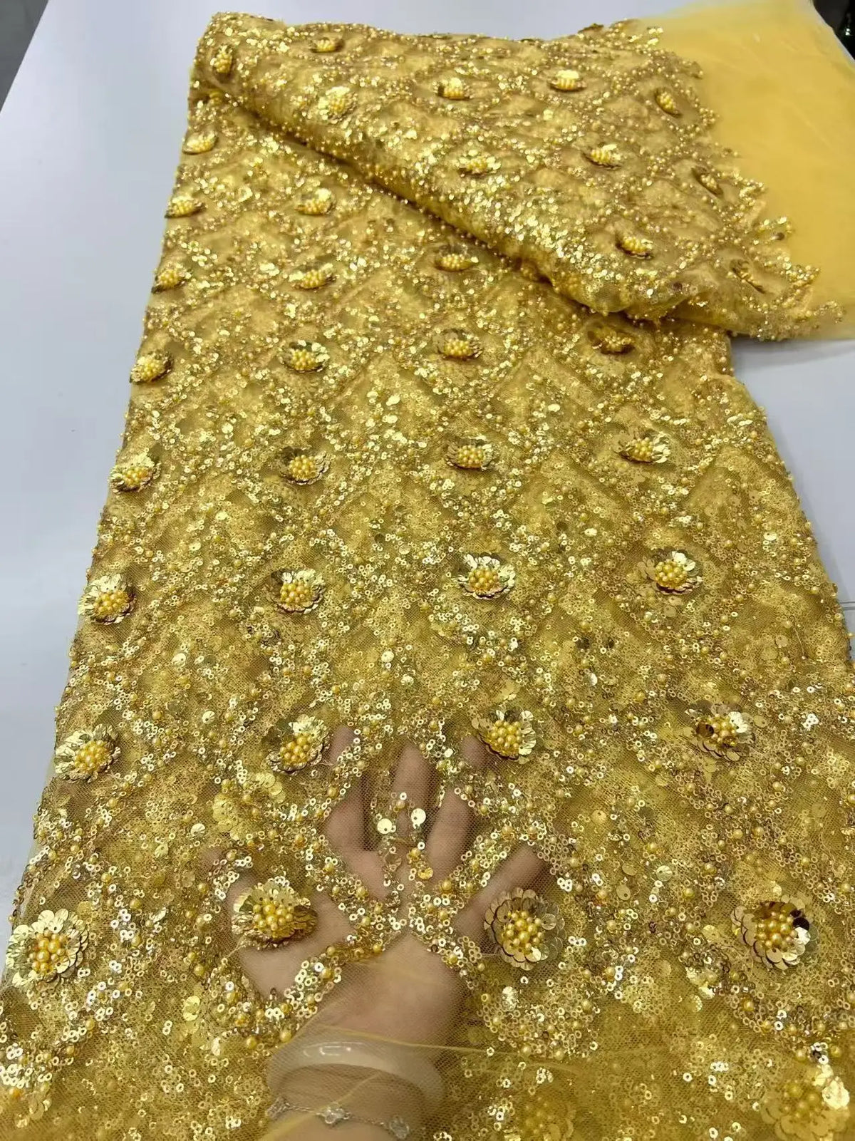 Luxury African Beaded Sequins Pearl Lace French Tulle Fabric 2026 High Quality Nigerian Design for Party Dress Sewing 2026