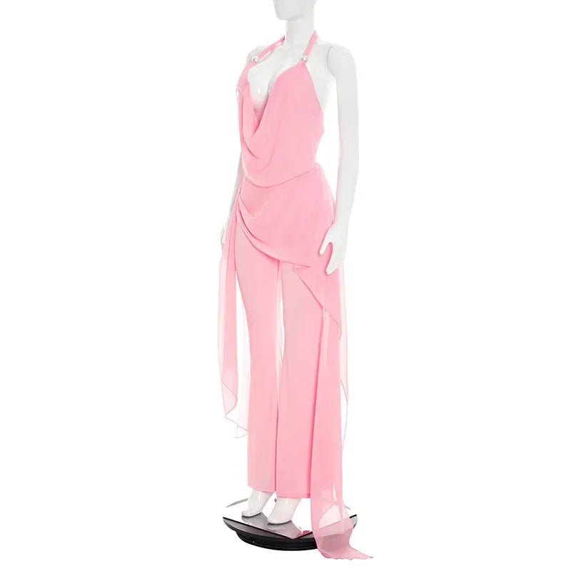 Summer Sexy Backless Halter Chiffon Jumpsuits Women Club Party Rompers Bodycon Fashion Sleeveless V Neck Overalls Beach Vacation