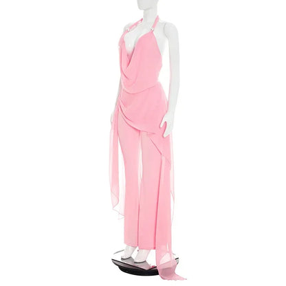 Summer Sexy Backless Halter Chiffon Jumpsuits Women Club Party Rompers Bodycon Fashion Sleeveless V Neck Overalls Beach Vacation