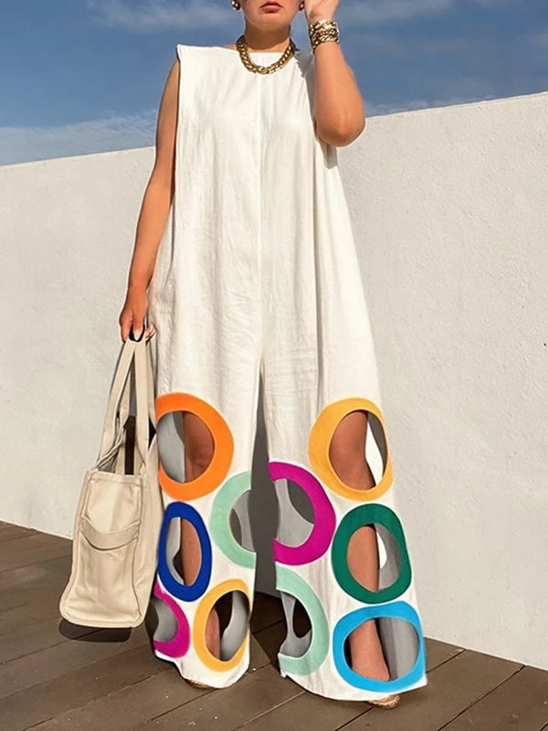 Yeezzi Women Fashion Rainbow Hollow Wide Leg Jumpsuits 2026 New Summer Sleeveless Loose Urban Office Overalls With Shoulder Pad