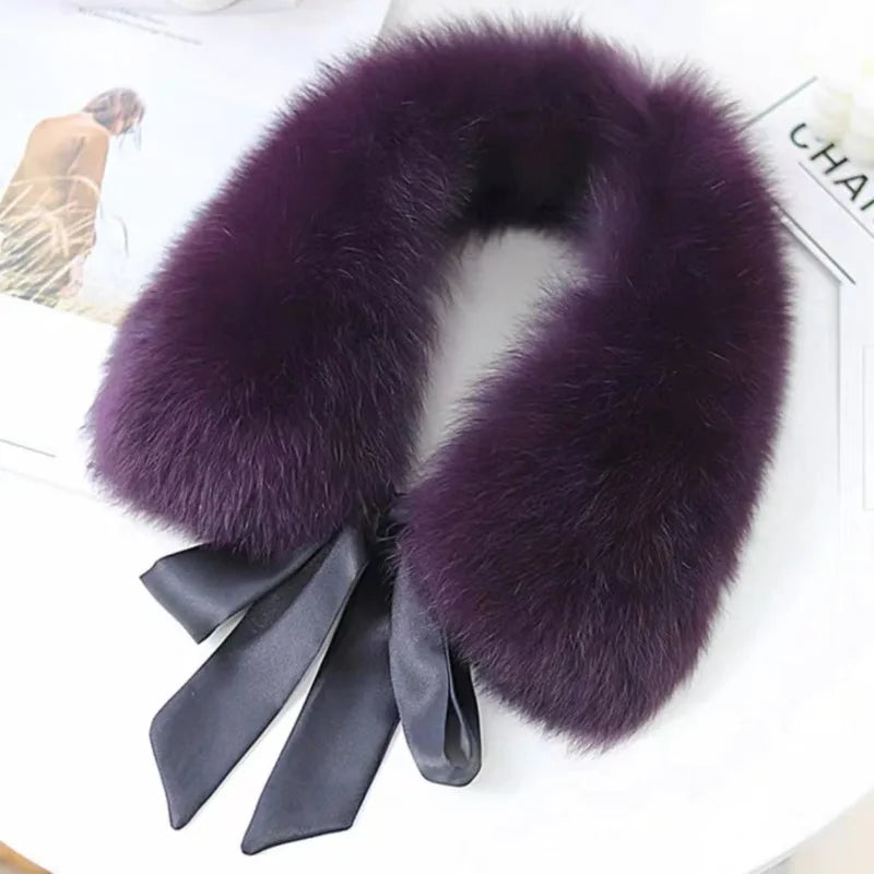 Winter Warm Fox Fur Collar Female Real Fur Collar Fashion Fluffy Clothing Accessories Collar Women Luxury Fur Scarf With Ribbons