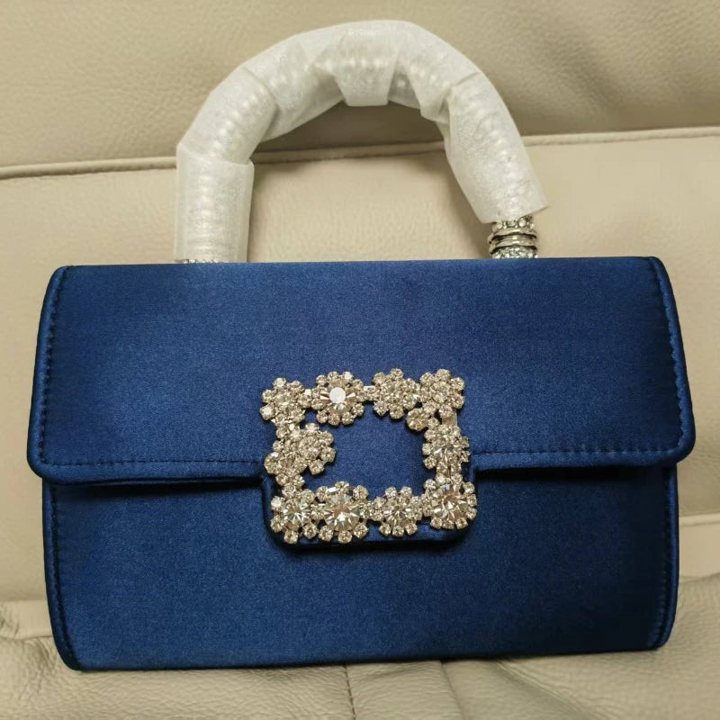 Rhinestone Faux Silk Emerald Evening Bag Silver Diamond Buckle Handle Fashion Handbags Elegant Ladies Square Bolsa Feminina