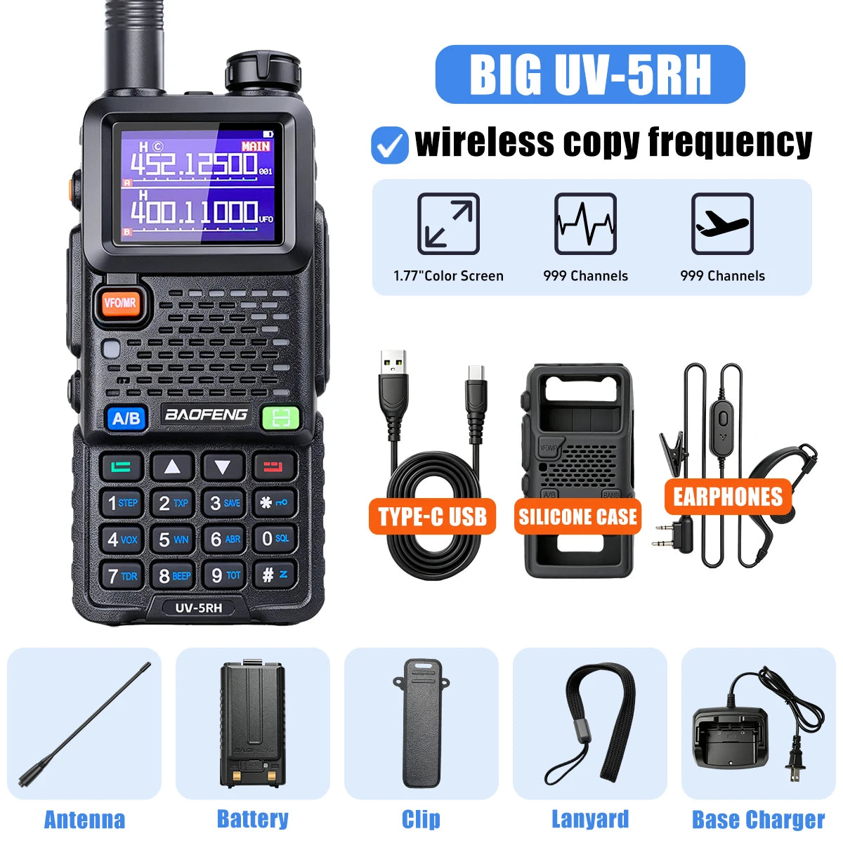 Baofeng UV5RH Walkie-Talkie, NewWireless Copy Model, Type-C NOAA Long Range 999CH, Car-Mounted Handheld Transceiver, Fleet