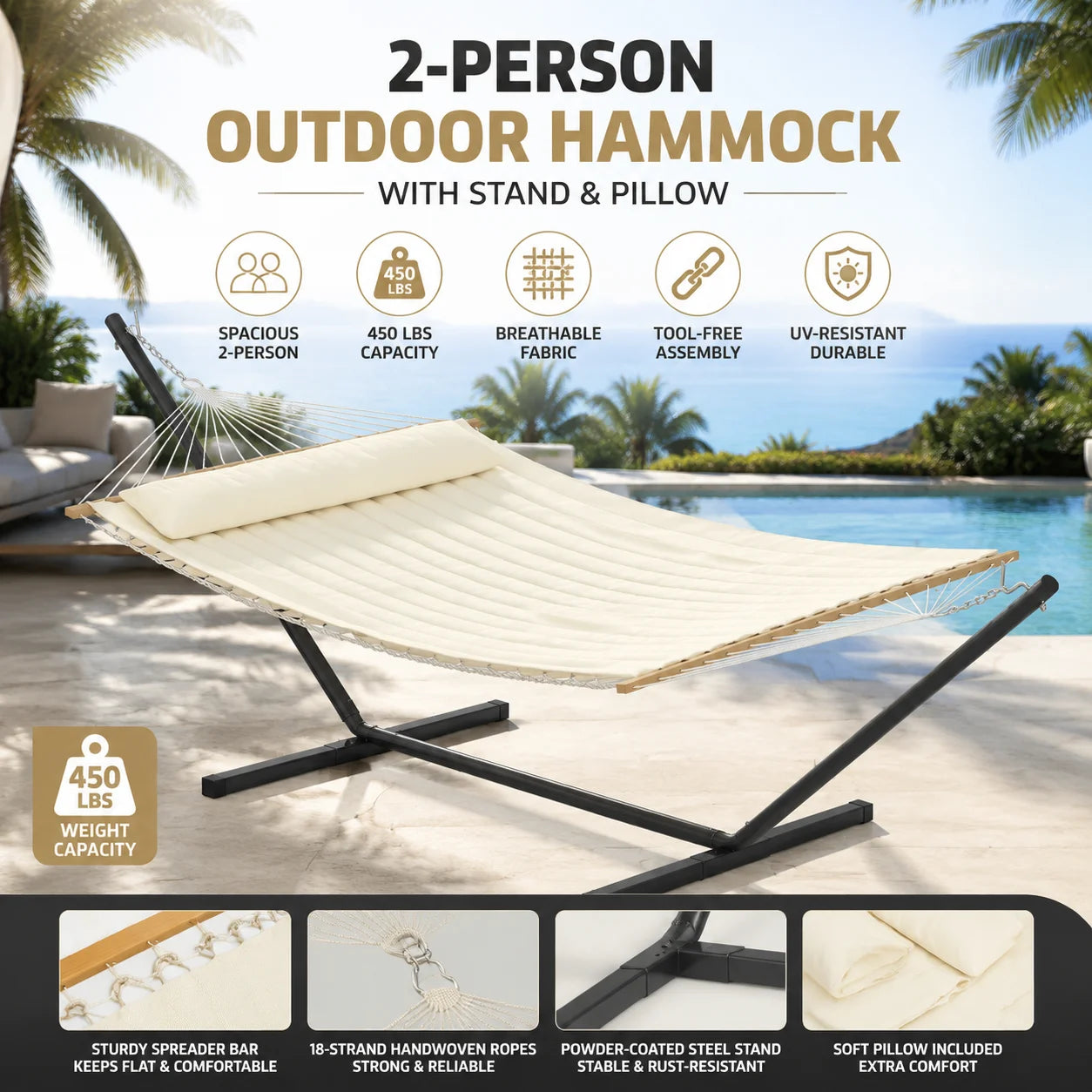 2 Person Outdoor Hammock with Stand, Heavy Duty Portable Hammock Set with Pillow & Balance Ropes, 450 Lb Capacity, UV-Resistant Poly-Cotton Fabric for Patio Backyard Beach, Beige
