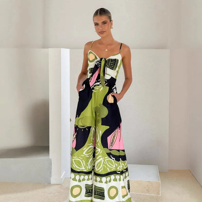 VEITCHE Summer Style Women Print Spaghetti Strap Casual Jumpsuits Hollow Out Leace-up High Waist Wide Legs Bohemian Jumpsuit