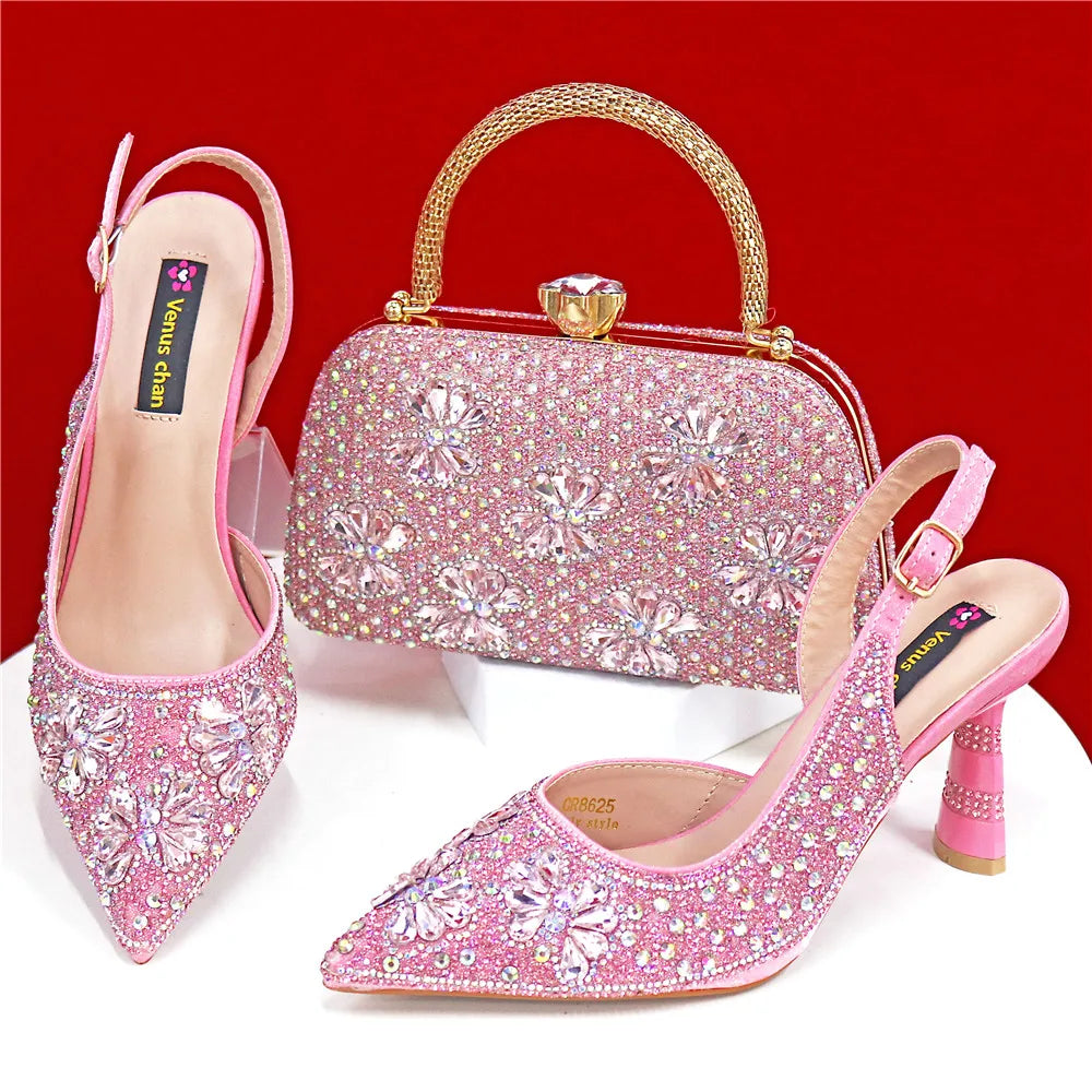 Luxury Handmade Flowers Shoes and Clutch for Women- Nigerian Style Elegant Crystal Heels with Matching Evening Bags