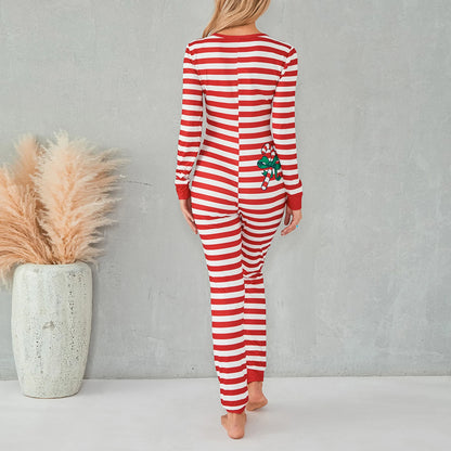 Christmas Women Sexy Bodycon Pajamas Rompers Striped Print Long Sleeve Button O Neck Jumpsuits Playsuits Sleepwear Loungewear