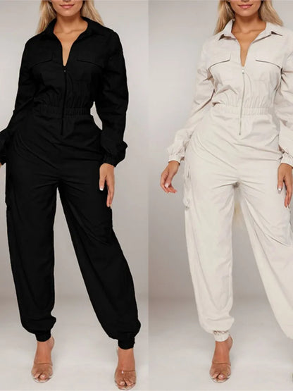 Work Jumpsuit Women's Pocket Elastic Waist Zipper Jumpsuit New Style Autumn Fashion Elegant Casual Long Sleeve Jumpsuits